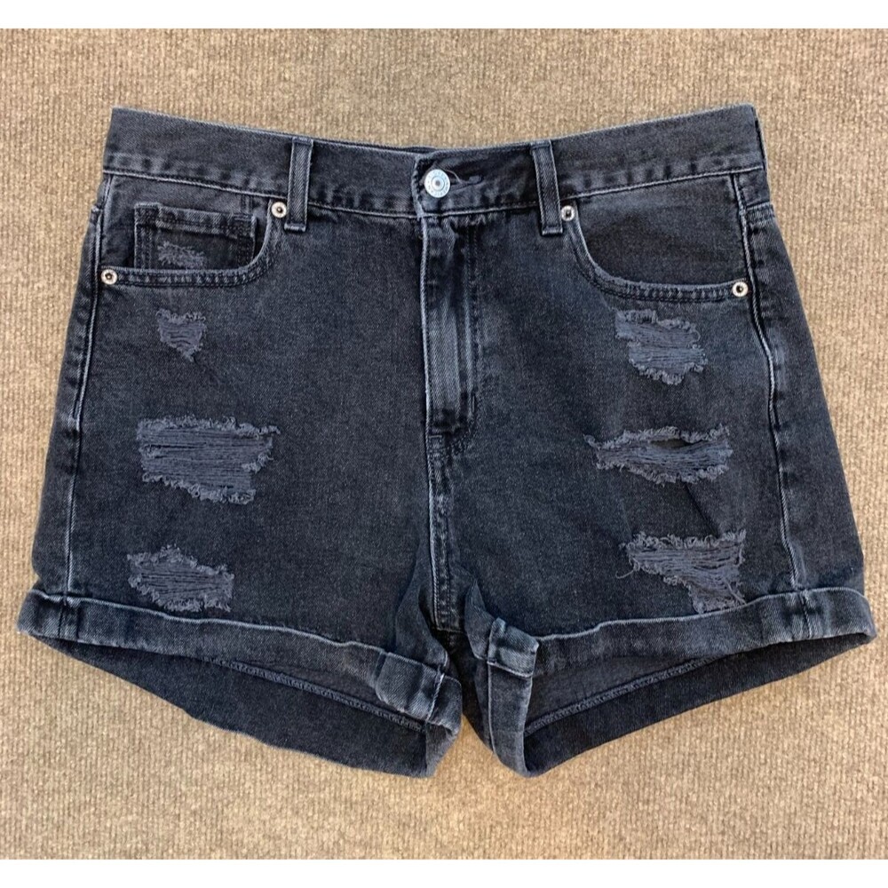 American Eagle Shorts Womens 8 High Rise Cuffed Distressed Mom Black Denim